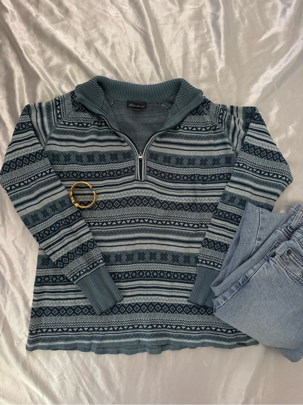 100% cotton Eddie Bauer Blue Patterned Half-Zip Turtleneck Sweater